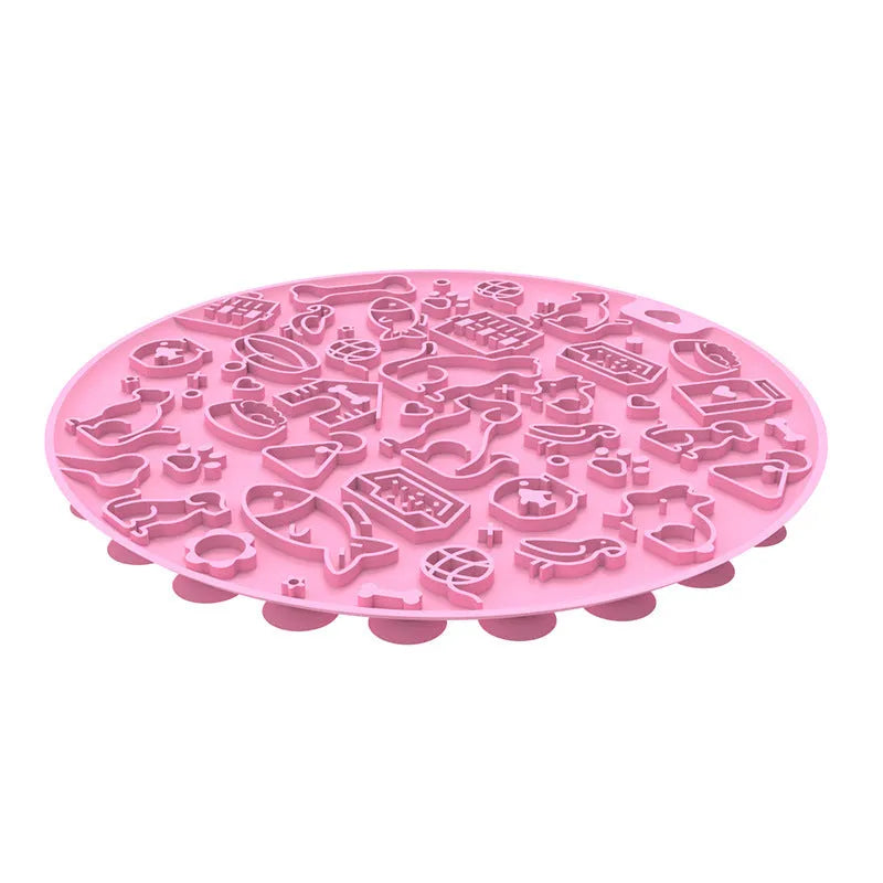Round blue silicone pet licking mat with textured surface and a white suction cup base on the underside.