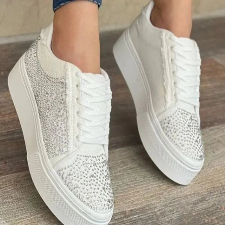 Plus size women's black lace-up casual shoes with rhinestone details and a thick rubber sole.