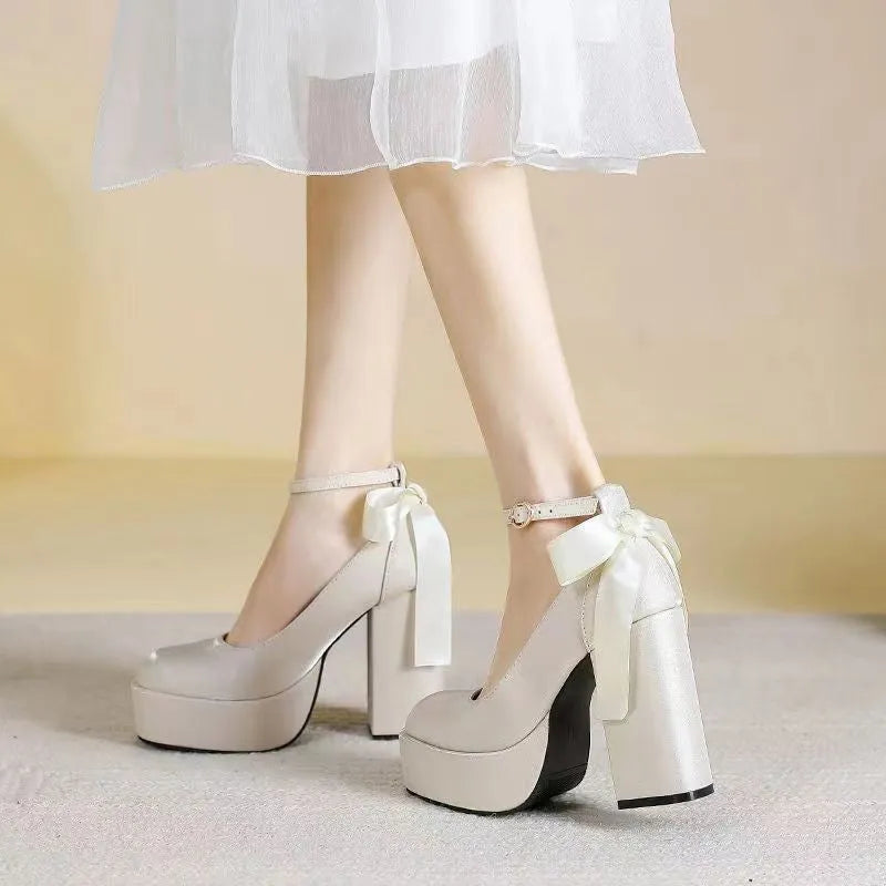 Women's waterproof platform wedding shoes with thick chunky heel in wine red colour with buckle detail