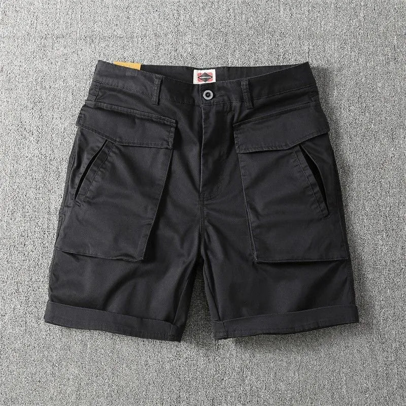 Men's straight-leg cotton cargo shorts with stretch in multiple colour options on a size chart.