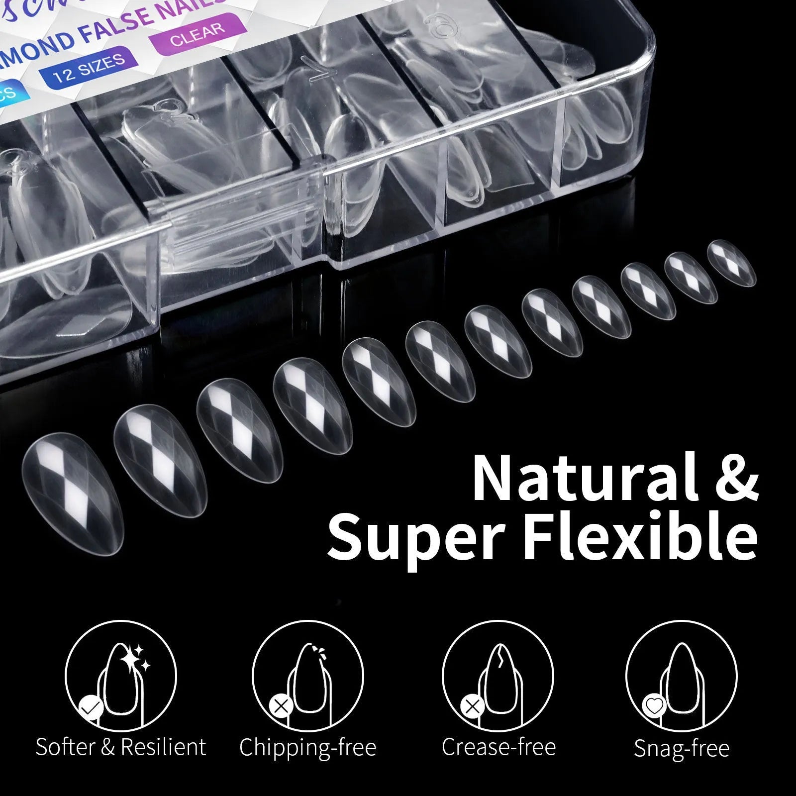 3D diamond texture long false nails in assorted colours, 120-140 pieces per pack