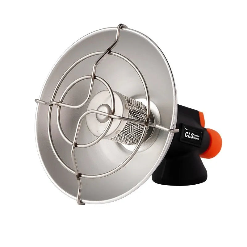 Black and orange portable outdoor heater stove with automatic ignition for camping.