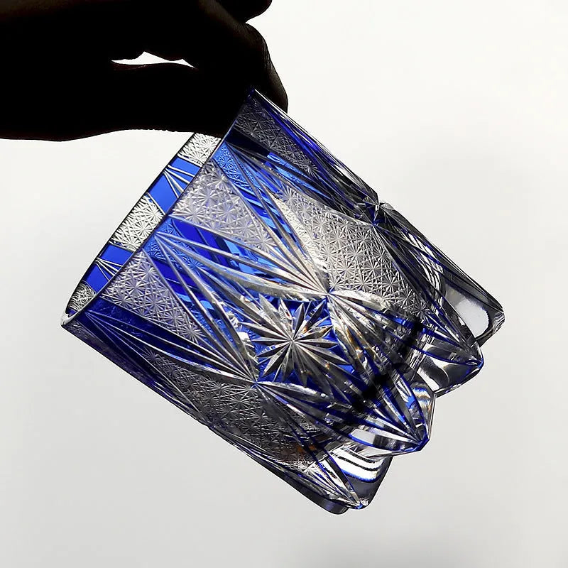 Hand carved blue crystal wine glass with 260ml capacity in retro Japanese style