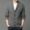 Men's black Korean style jacquard pattern knitted cardigan jacket on a hanger