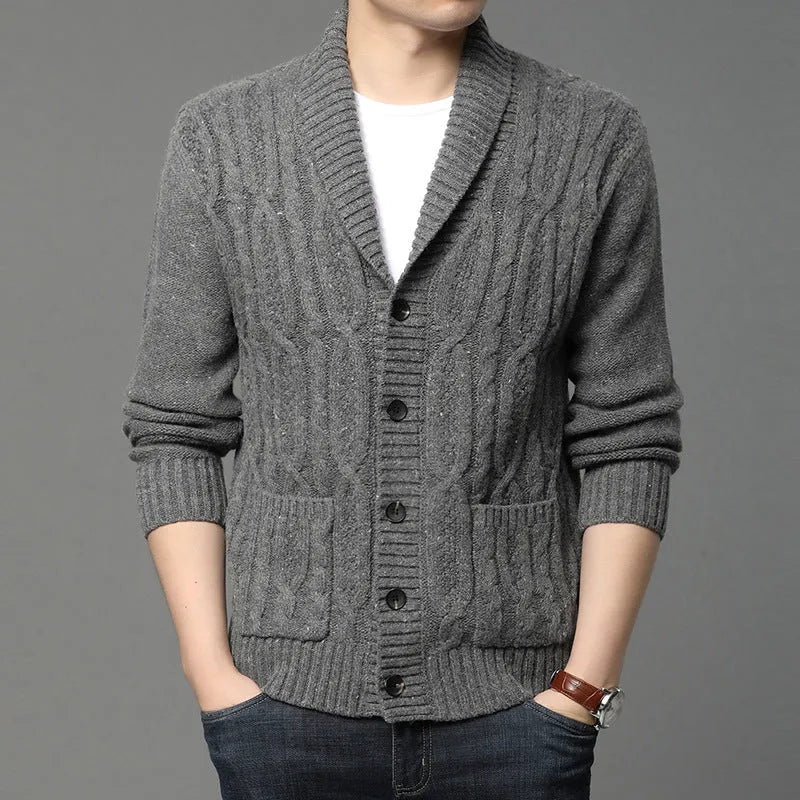Men's black Korean style jacquard pattern knitted cardigan jacket on a hanger