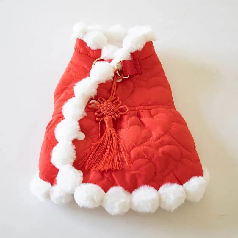 Red cotton pet coat with Chinese knot collar for dog or cat during Christmas or Chinese New Year
