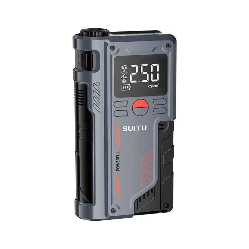 Wireless lithium battery emergency jump starter with tyre inflator measuring 206x110x54mm