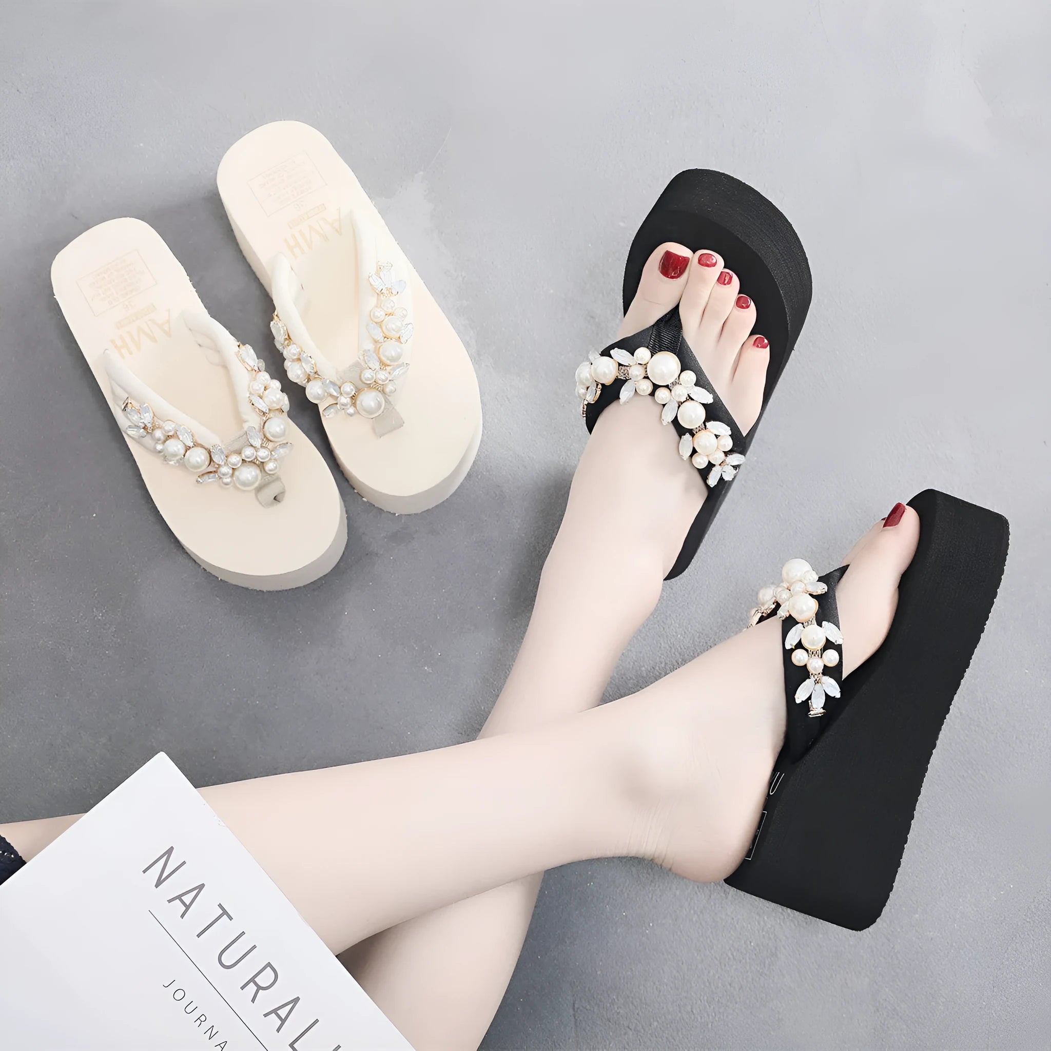 Women's high-heeled flip-flops in black and beige with cotton cloth upper
