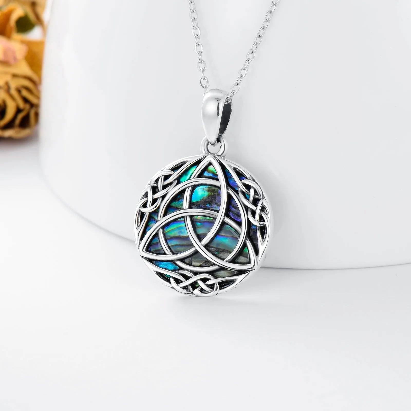 Vintage sterling silver trinity Celtic knot necklace with simulated abalone shell pendant on white gold plated chain