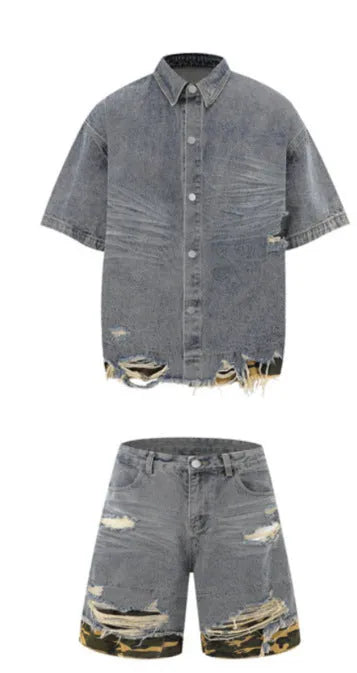 Women's leopard print denim short sleeve top and matching shorts with cut edge stitching.