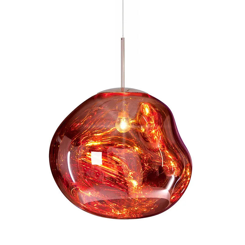 Nordic post-modern chandelier with irregular lava lamp glass design in gold finish.