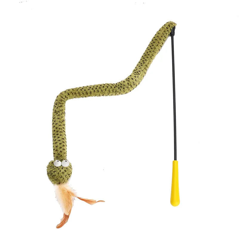 Green snake cat teasing stick toy with feather attachments on 140cm pole