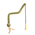 Green snake cat teasing stick toy with feather attachments on 140cm pole