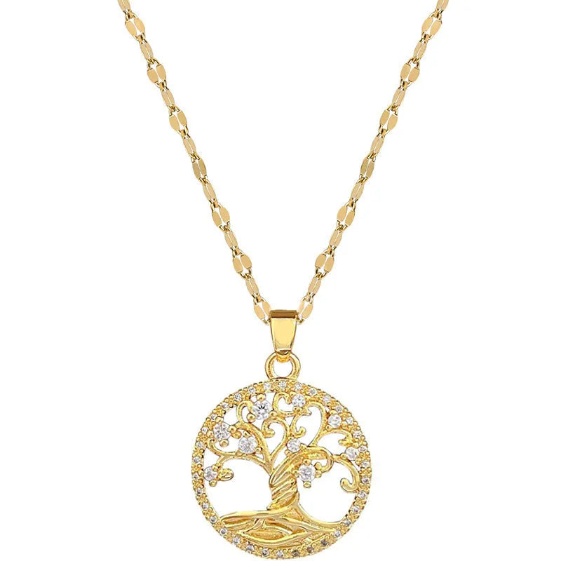 Gold-plated lucky tree pendant necklace with rhinestone zircons and mother of pearl on an adjustable chain.