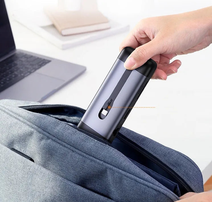 USB C docking station expansion hub with 9cm cable, showing 5-in-1 and 9-in-1 port configuration options.