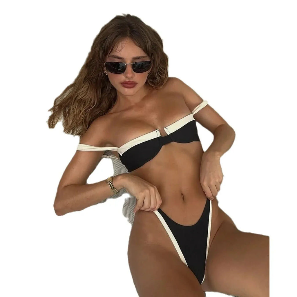 Black women's bikini with stitching detail showing front and back views