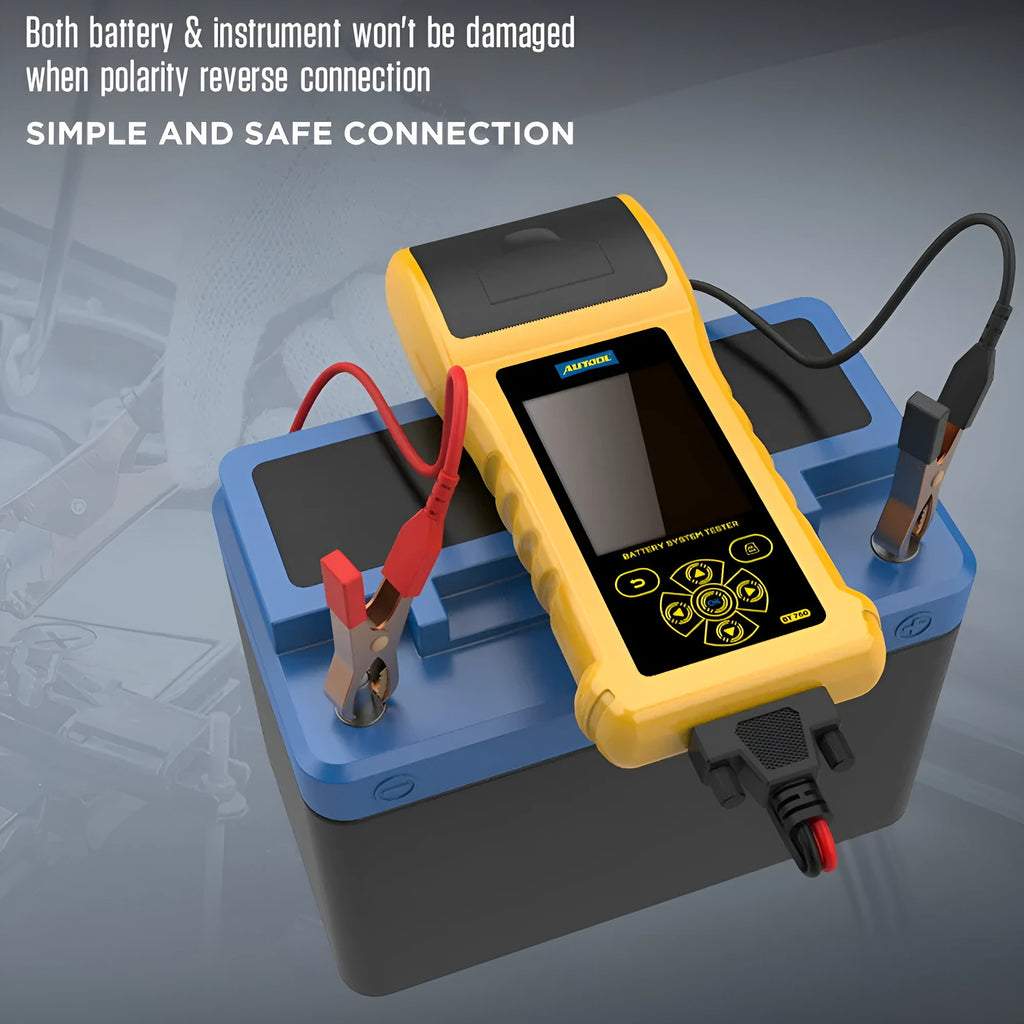 Autool BT760 digital battery tester with colour screen, thermal printer, and red and black battery clips.