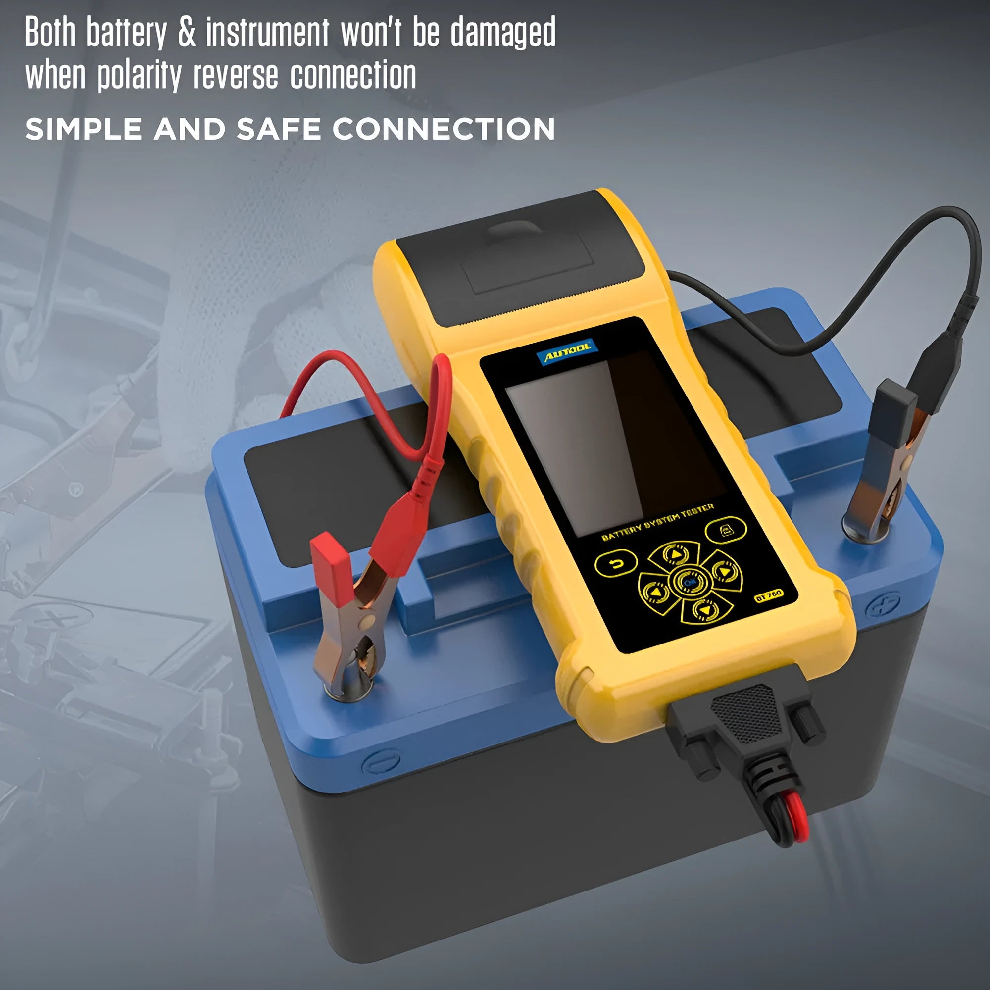 Autool BT760 digital battery tester with colour screen, thermal printer, and red and black battery clips.