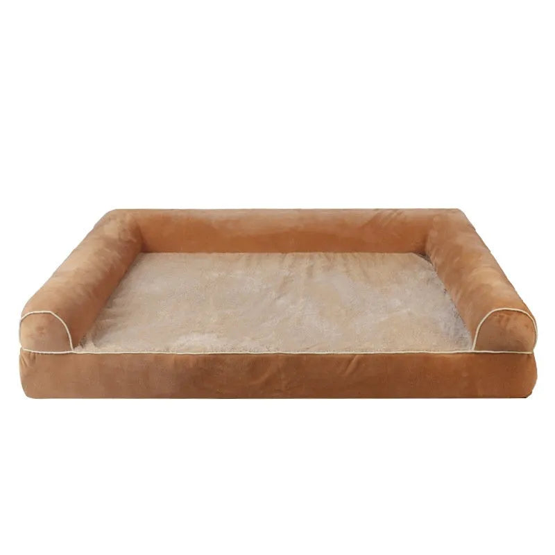 A square breathable sponge dog bed in a crate, available in blue, grey, and beige colours.