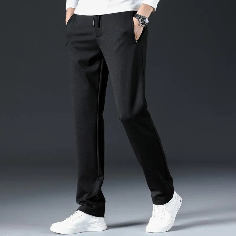 Men's loose straight business trousers in solid color gray with drawstring waist and straight leg
