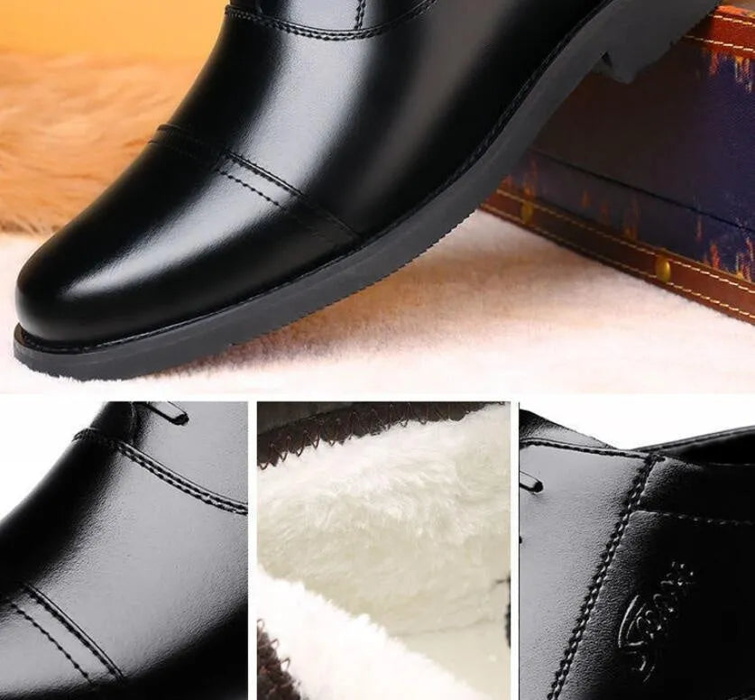 Men's winter real leather cotton shoes with fleece lining, black, rubber sole, sizes 38-44