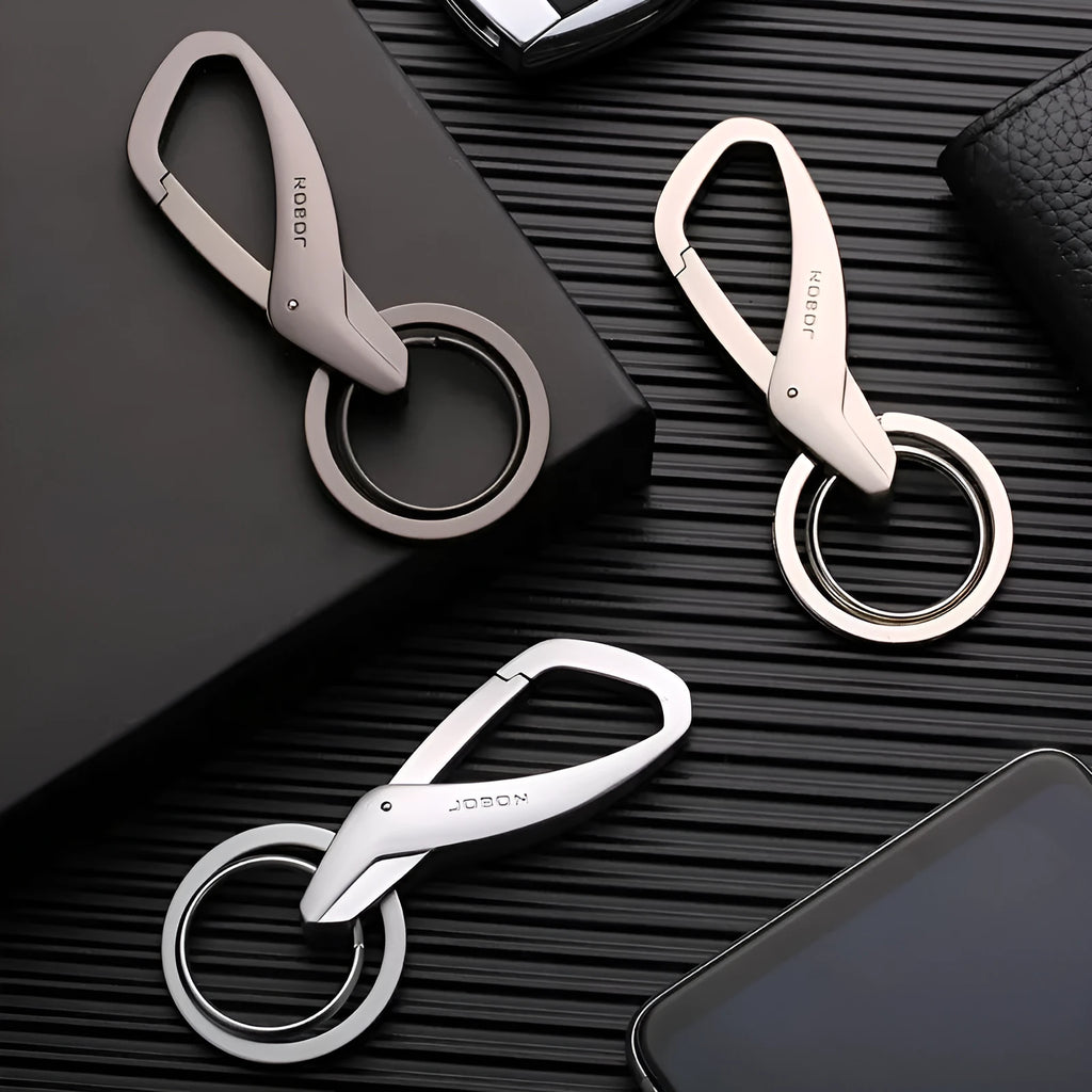Zinc alloy double ring key chain in black, chrome, or nickel colour, shown with keys attached.