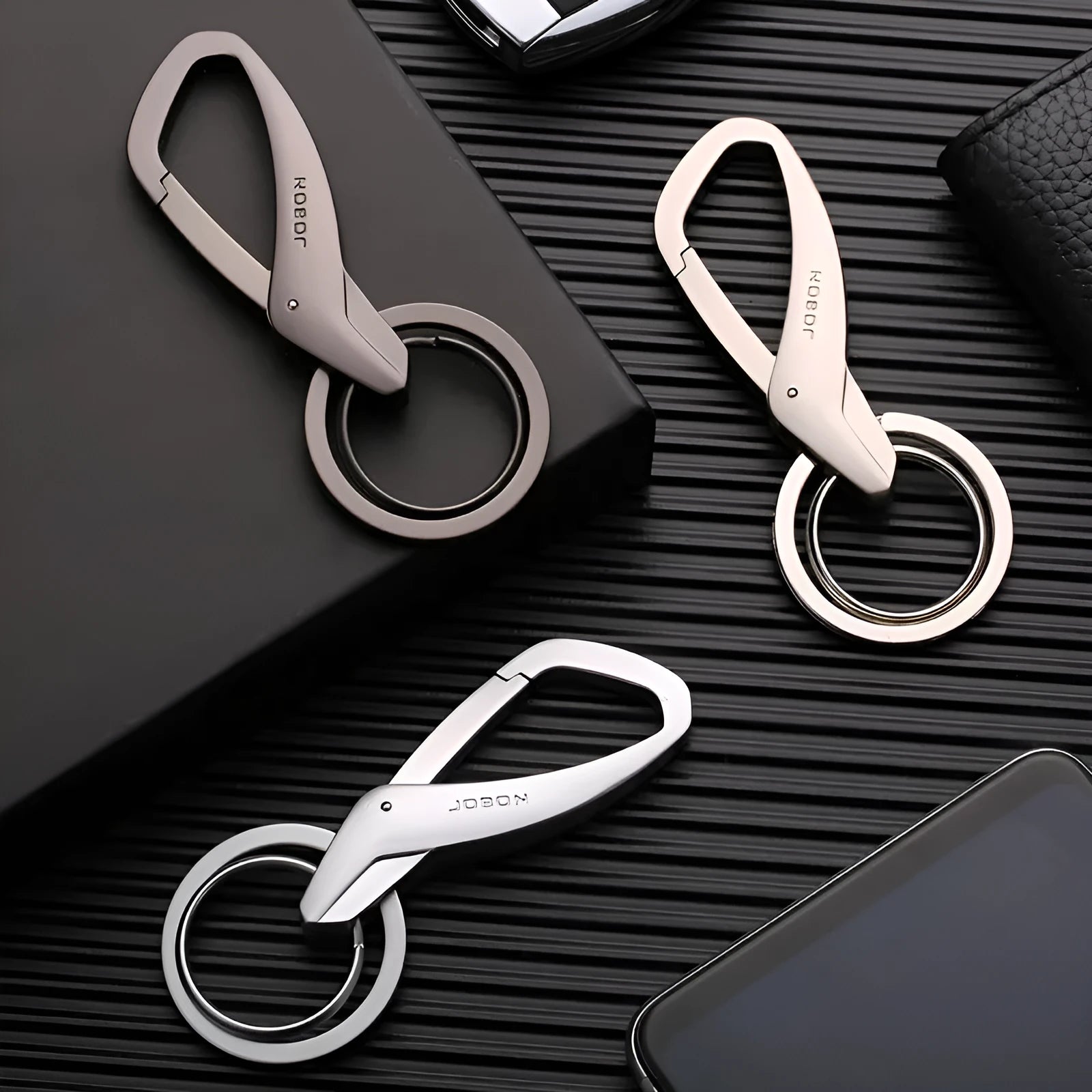 Zinc alloy double ring key chain in black, chrome, or nickel colour, shown with keys attached.