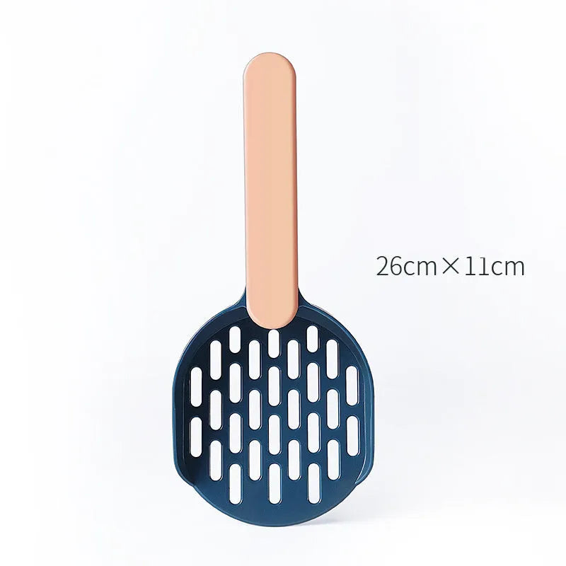 Blue plastic cat litter shovel on a white background showing its size and scoop shape.