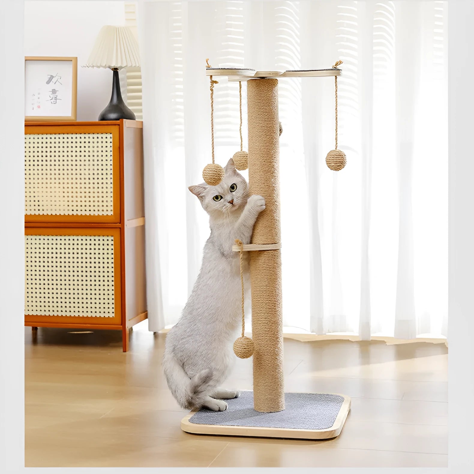 Simple style cat climbing frame with a hanging ball toy, made from pine wood and carpet leather.