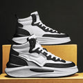 Men's black and white platform high-top board shoes with round toe and artificial PU construction