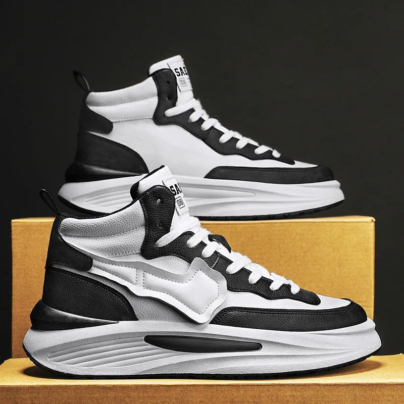 Men's black and white platform high-top board shoes with round toe and artificial PU construction