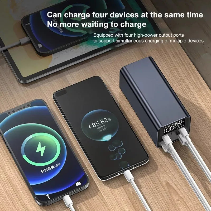 Black high-power 65W metal charging bank with 20000mAh capacity for laptop fast charging.