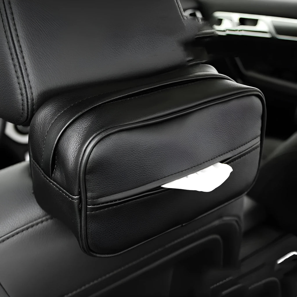 Black PU leather car hanging storage box with adjustable divider shown open.