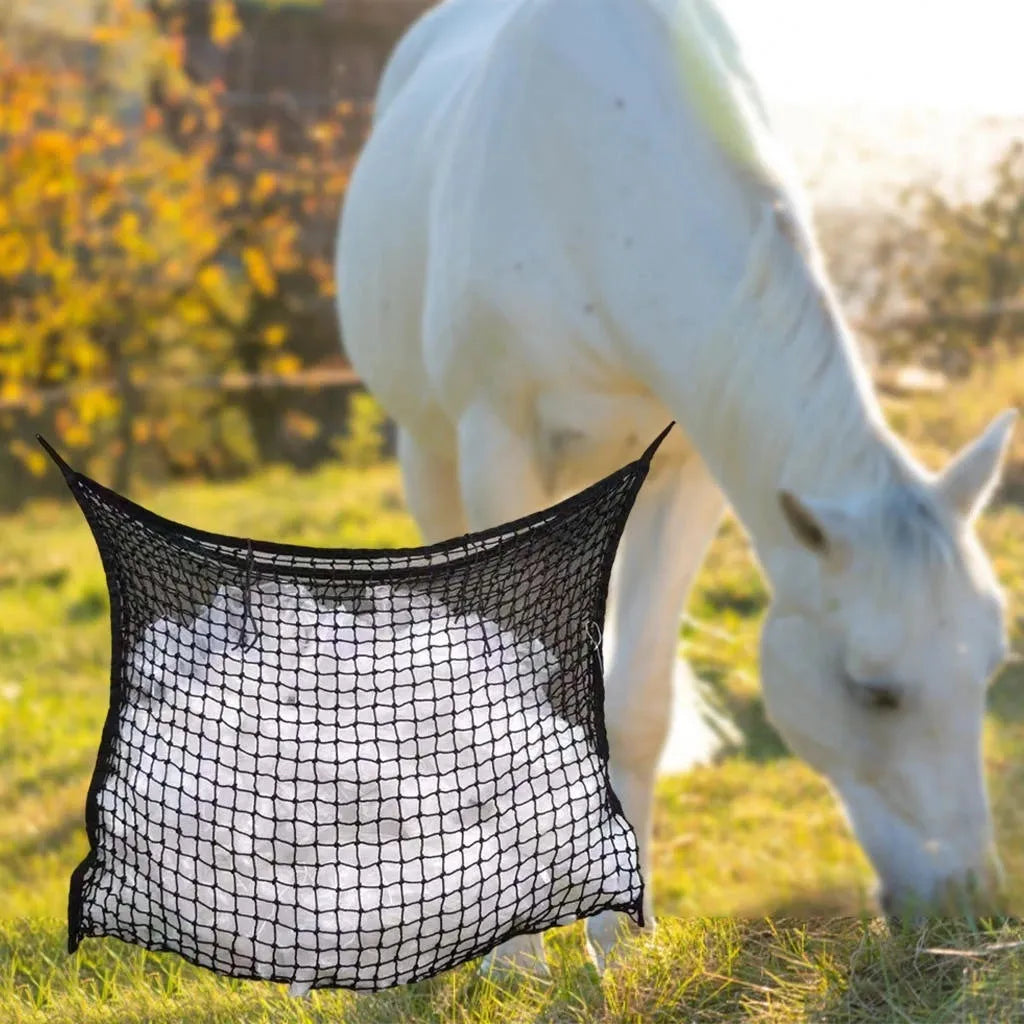Black woven PE rope grid hanging feeding bag for horses and cattle.