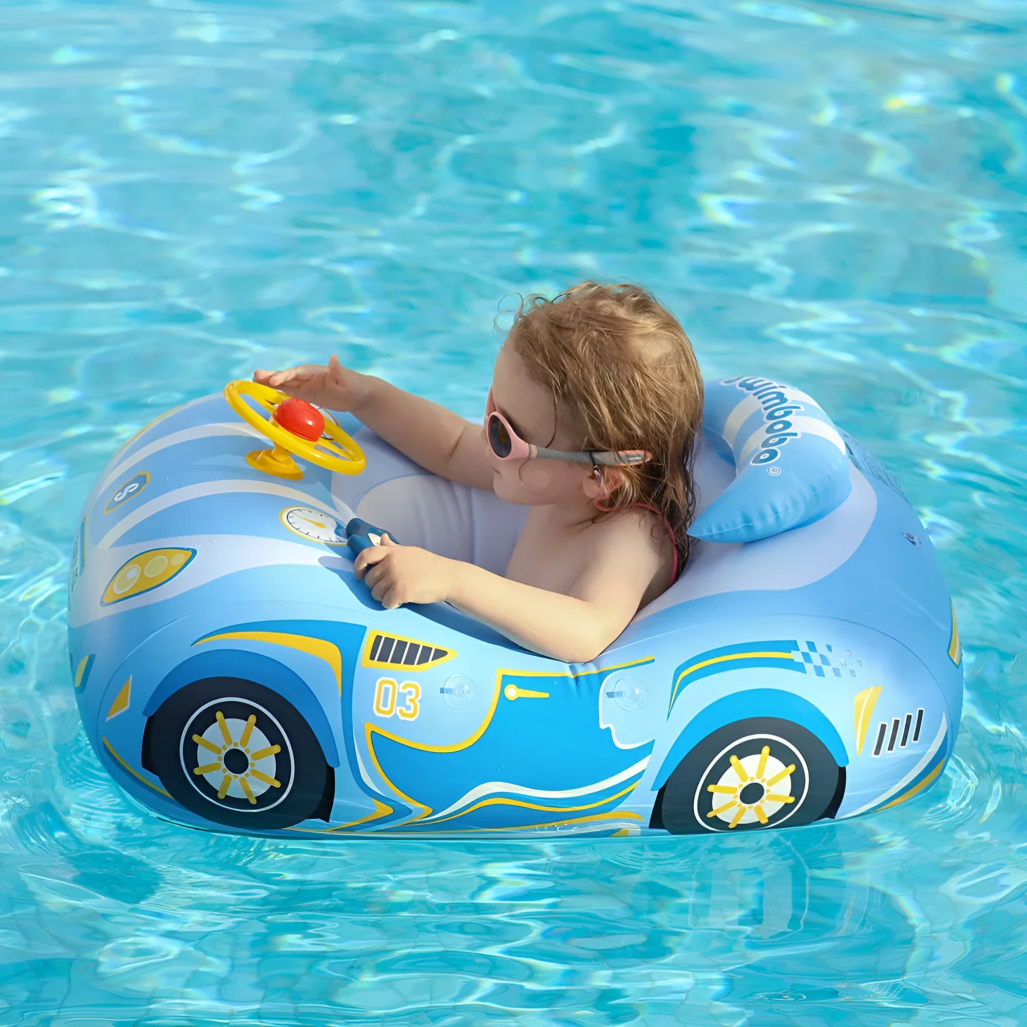 Pink cartoon sports car inflatable swimming ring with steering wheel for children
