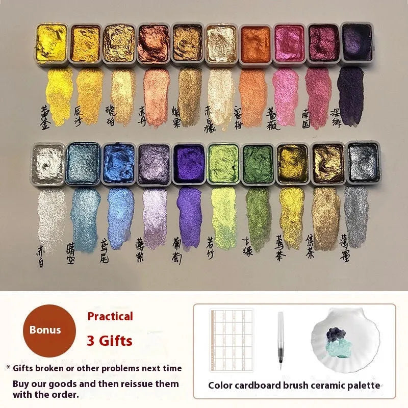 Traditional Chinese painting watercolour set showing tubes of pearlescent mineral colours including red, white, and gold 5ml tubes.