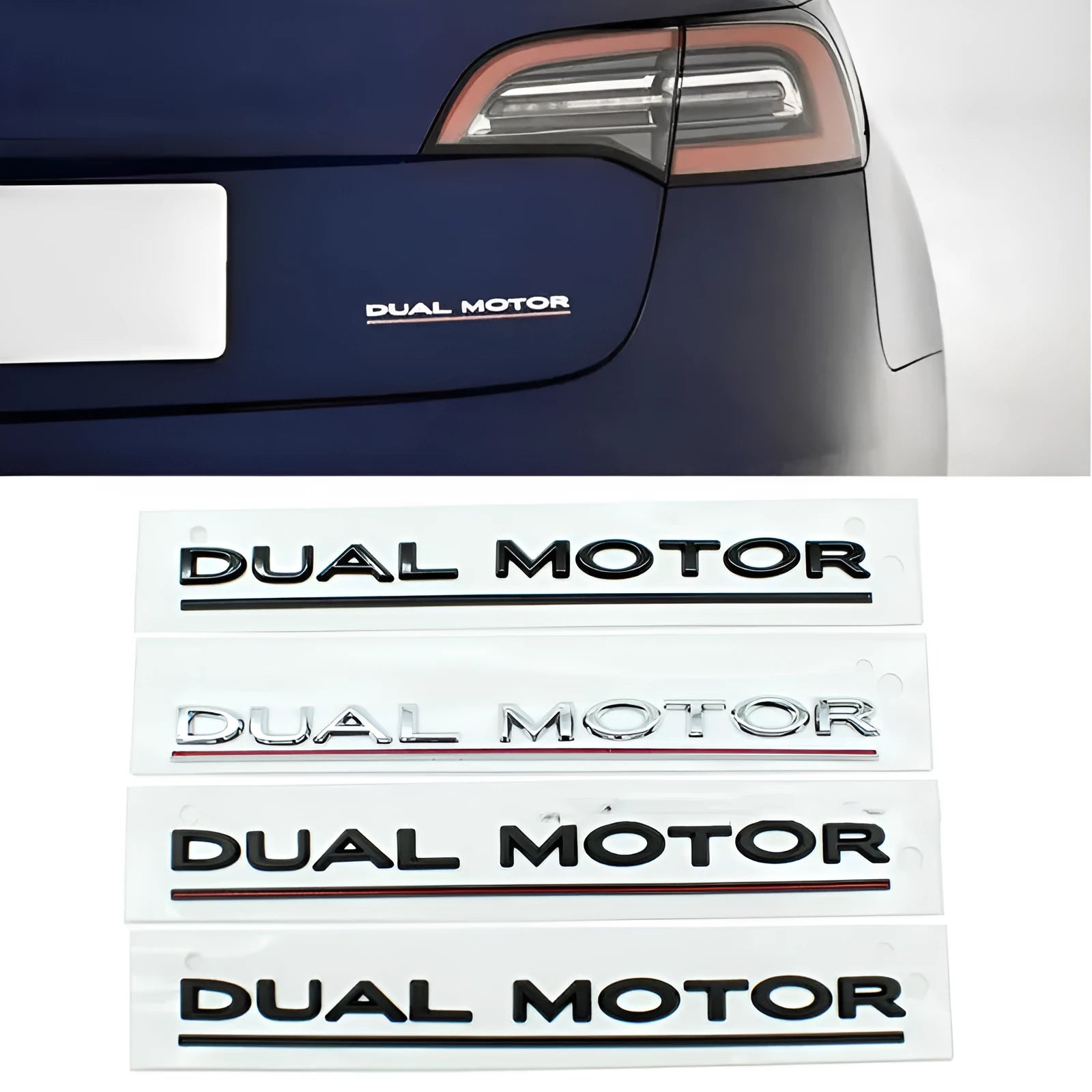 Tesla Model 3 performance bumper sticker in ABS plastic, showing 19x3cm size and colour options.