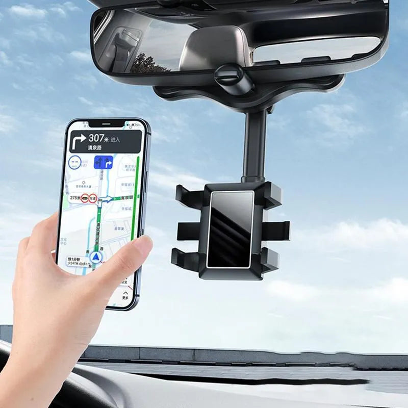 Black rearview mirror car phone holder showing 360-degree rotation and retractable arm extension.