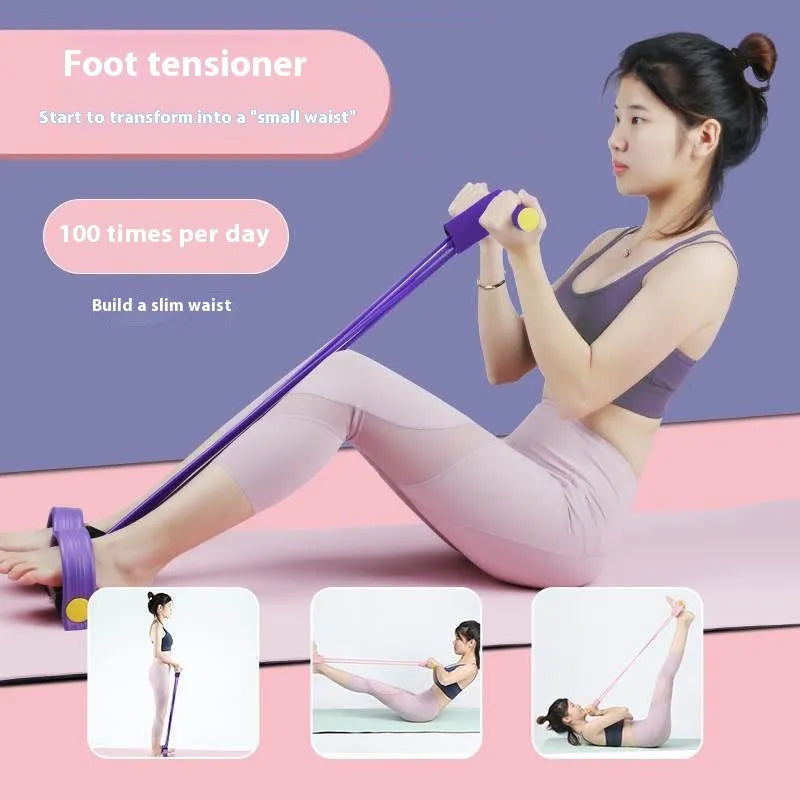 Yoga four piece set showing leg stretcher, yoga ring, pedal chest expander and figure eight tension rope.