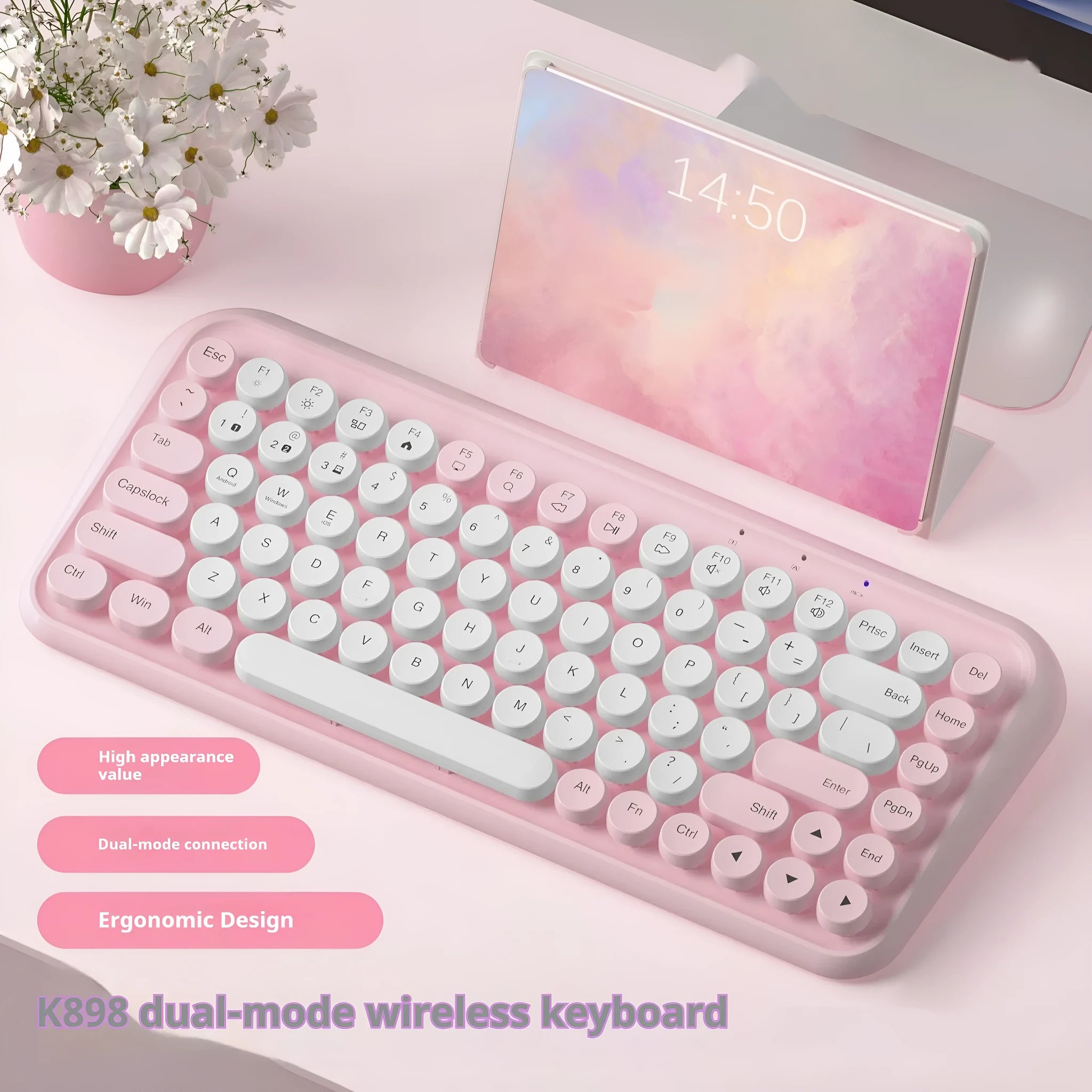 Pink Bluetooth wireless keyboard with 84 keys and crater architecture technology