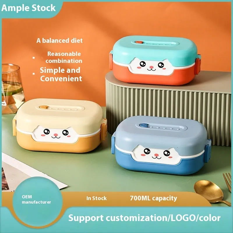 Square divided plastic lunch box with cartoon pattern, 450ml capacity, microwave-safe construction