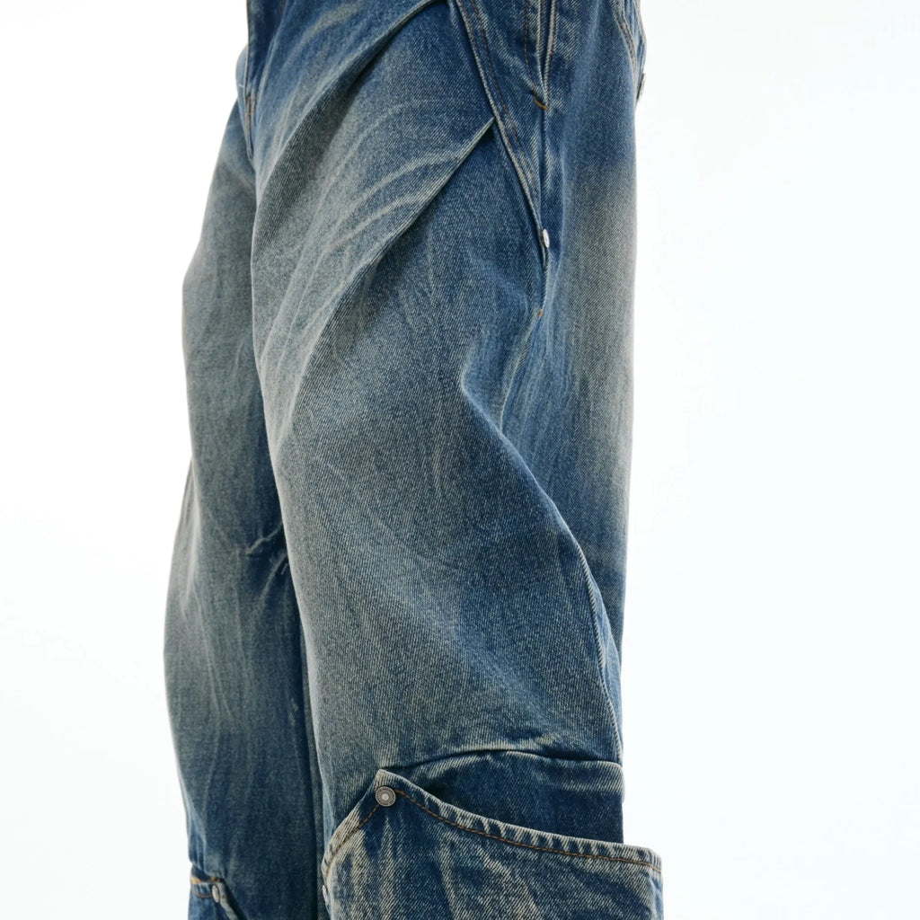 Men's retro washed burst pattern curved knife jeans in verdant blue with loose fit
