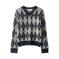 Women's contrast-colour diamond pattern knit sweater pullover long sleeves regular fit casual top