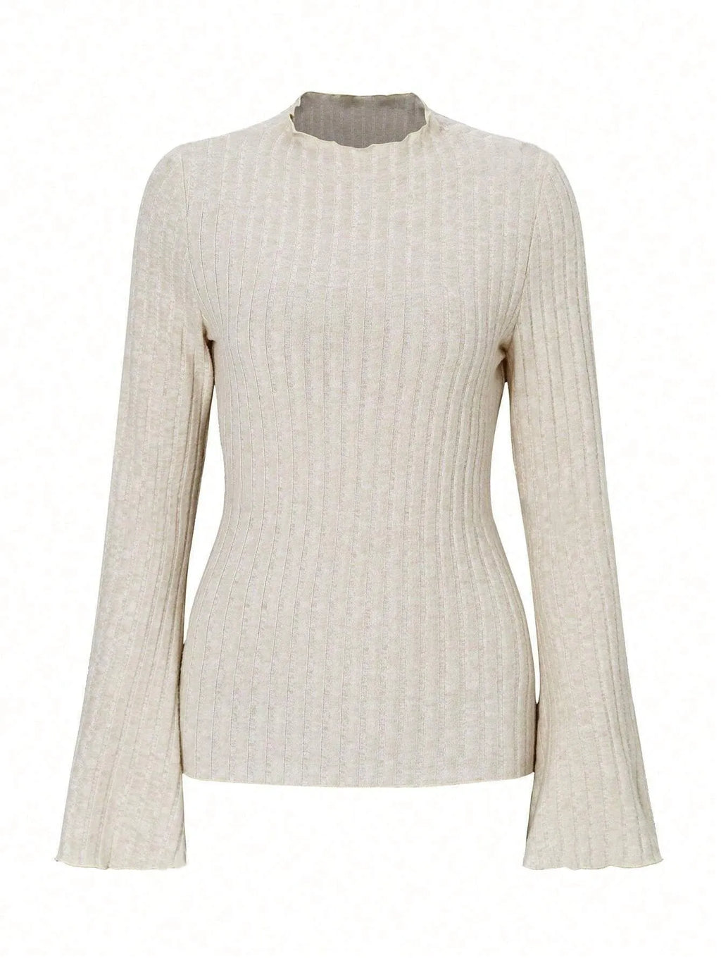 Slim-fit long-sleeve top in black with sunken stripe texture and lantern sleeves on a hanger.