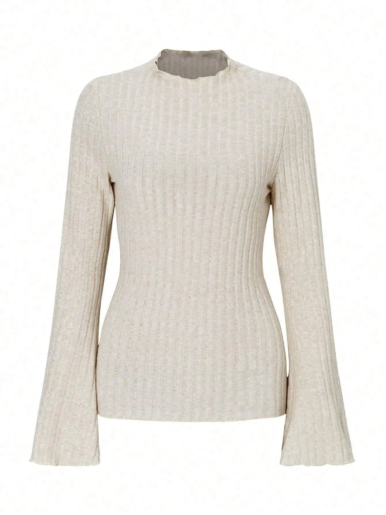 Slim-fit long-sleeve top in black with sunken stripe texture and lantern sleeves on a hanger.