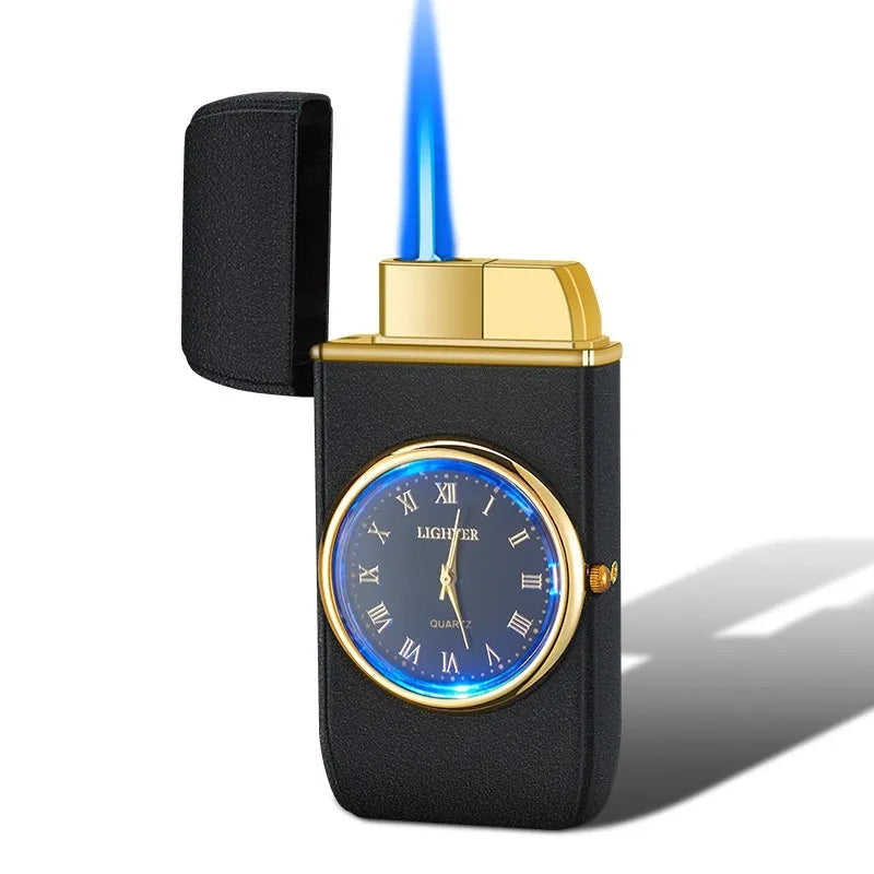 Metal multifunctional electronic lighter with watch display, wind-resistant flame and LED lighting in various colour finishes