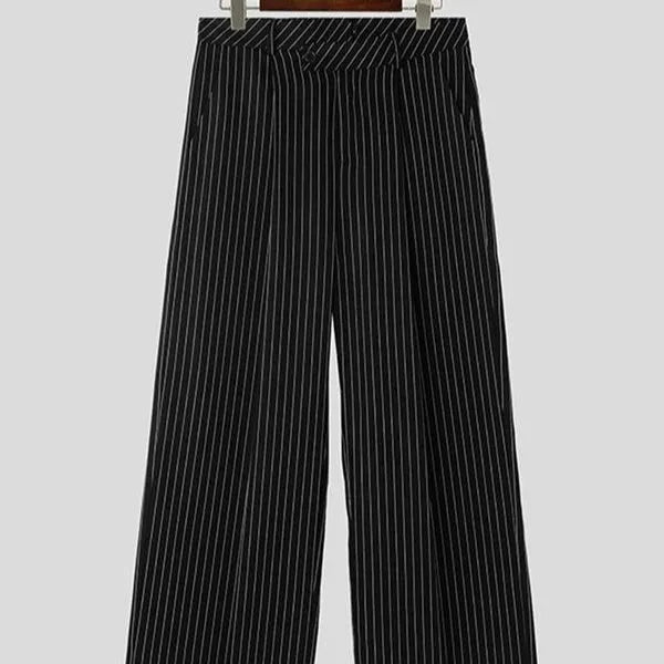 Men's black vertical striped pleated casual trousers made from rabbit hair and bamboo fibre blend