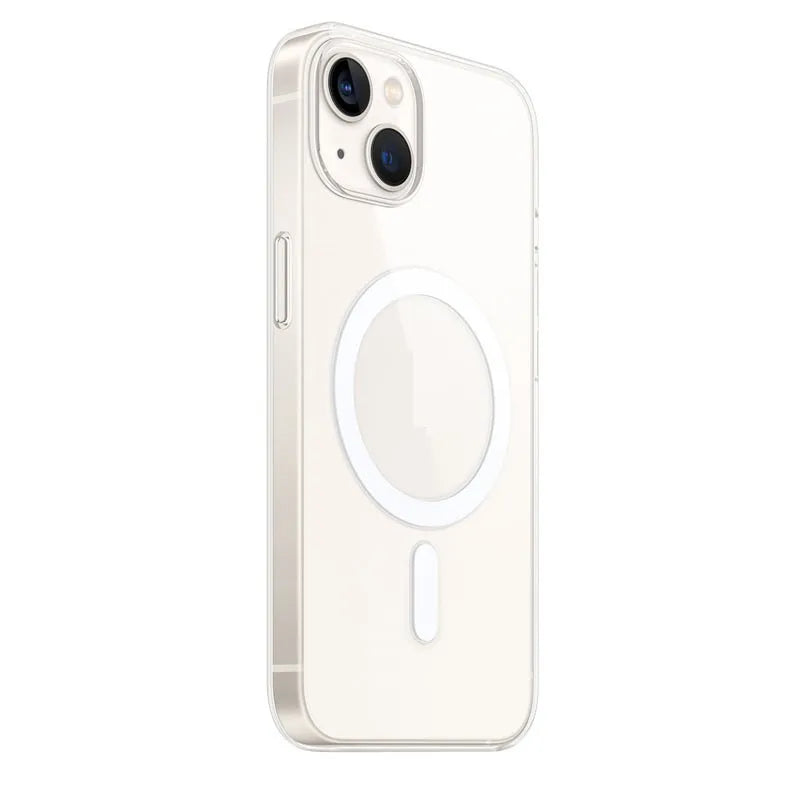 Transparent magnetic hard shell back cover case for iPhone on a table.