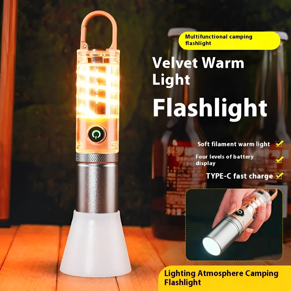 Orange and beige 10W dual-light flashlight with hook and keychain attachment
