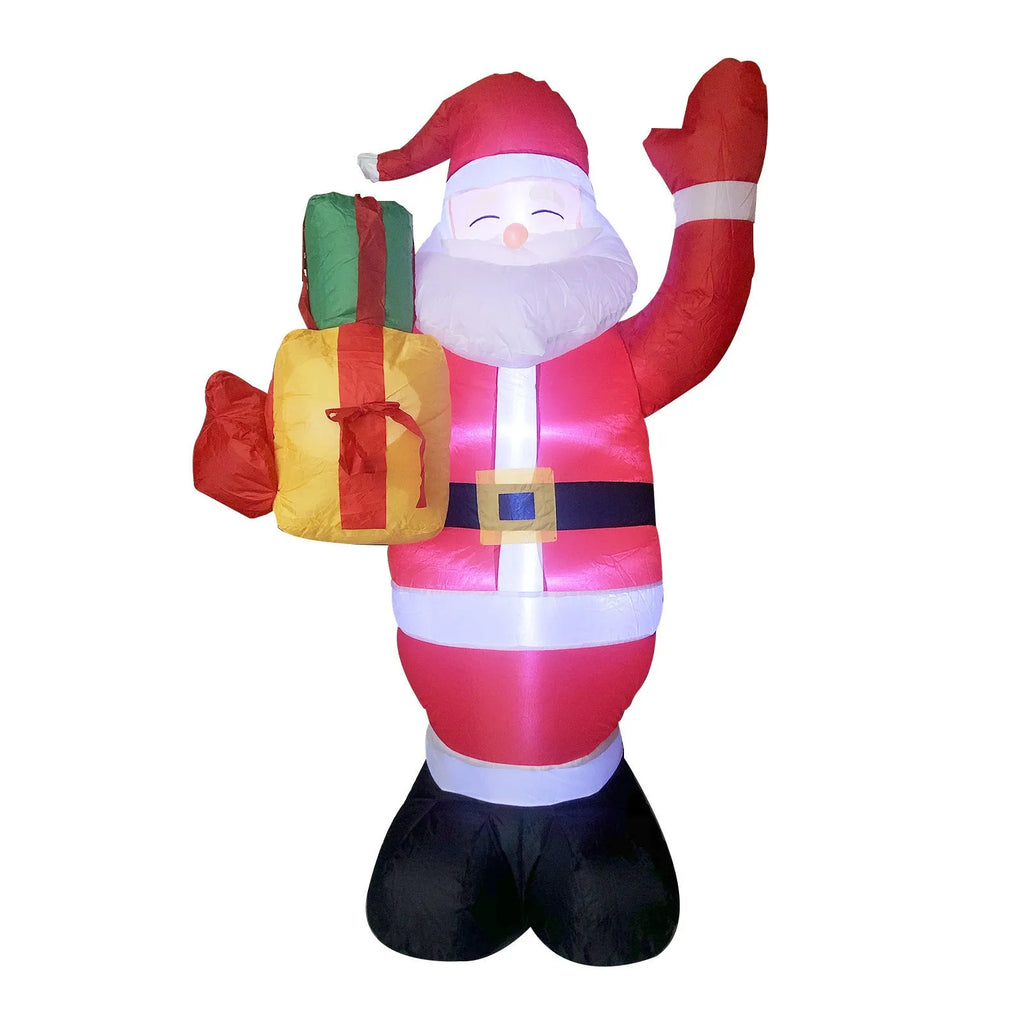 Glowing LED inflatable Christmas decorations including Santa, snowman, and a Christmas tree for outdoor garden use.